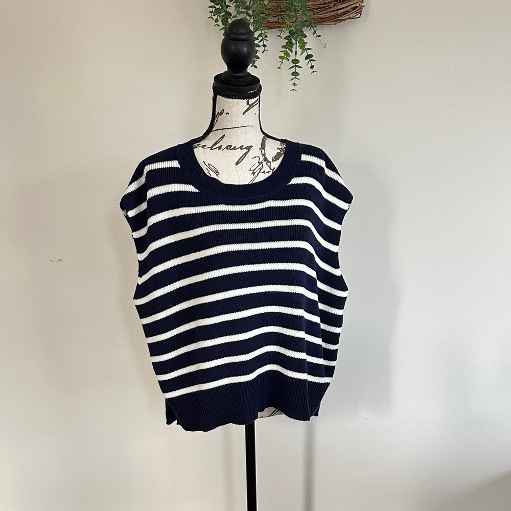 Entro Navy and White Striped Crew Neck Sweater